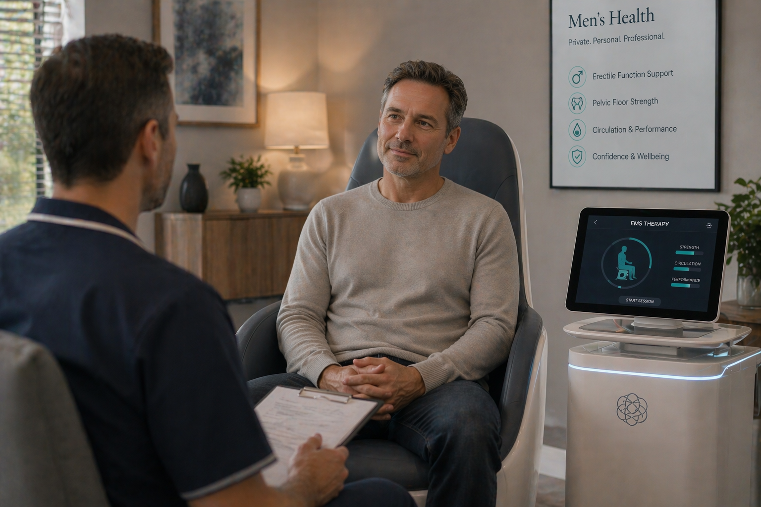 A man looking relieved and confident after receiving treatment for erectile dysfunction